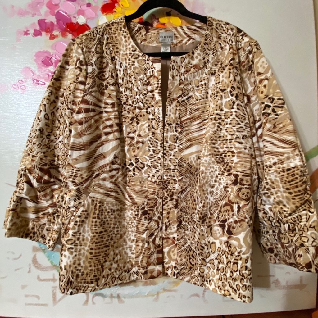 Chico’s Brown Multi Animal Print Jacket. Size 3.